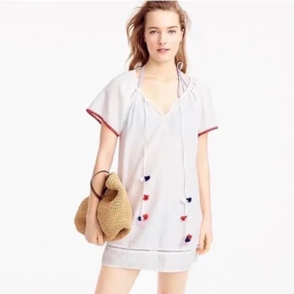 J Crew Dress CoverUp White w Pompoms Linen Blend Embroidered Trim Size Small